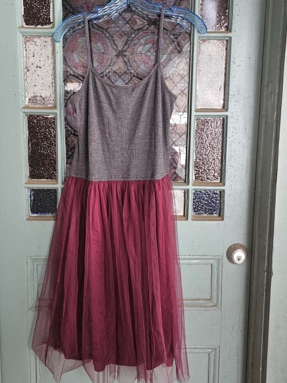 Gray Knit & Burgundy Tulle Midi Dress - Women